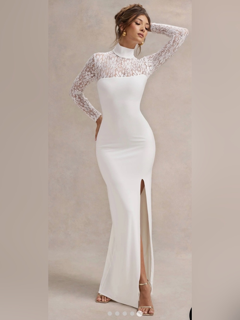 Club L London White Lace-Sleeve Long Dress with Front Slit size 8